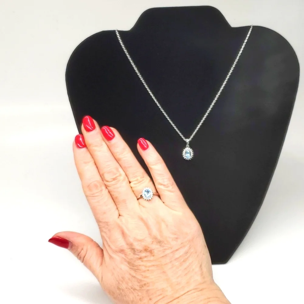 Aquamarine Halo Ring & Necklace Set Sterling Silver Platinum NWT 7